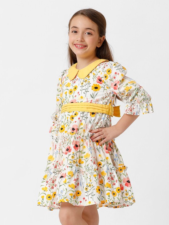 Girls Floral Printed Peter Pan Collar A-Line Dress